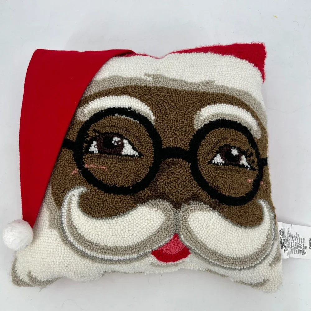 NWT Black Santa Claus Hooked Tufted Pillow Red Velvet Hat Christmas Holiday